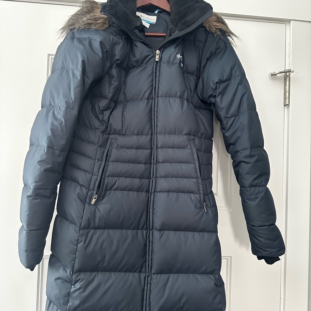 Navy Long Hooded Puffer Coat with Fur Trim